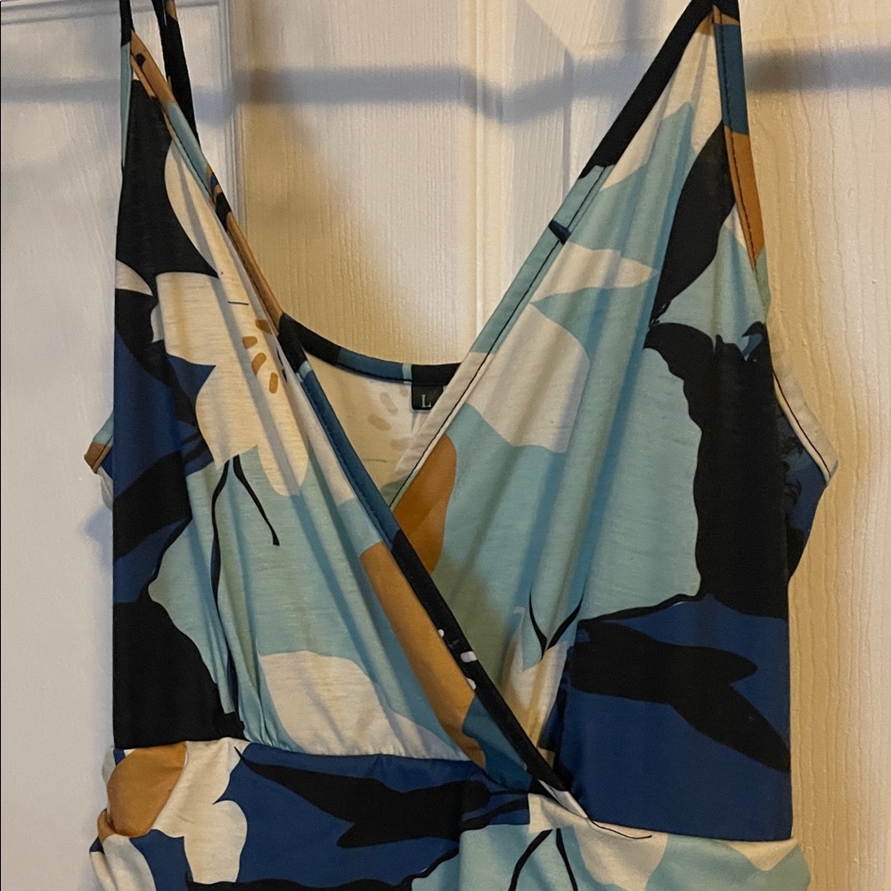Blue and Tan Tropical Floral Faux Wrap Sundress — Size Large - Picture 2 of 7